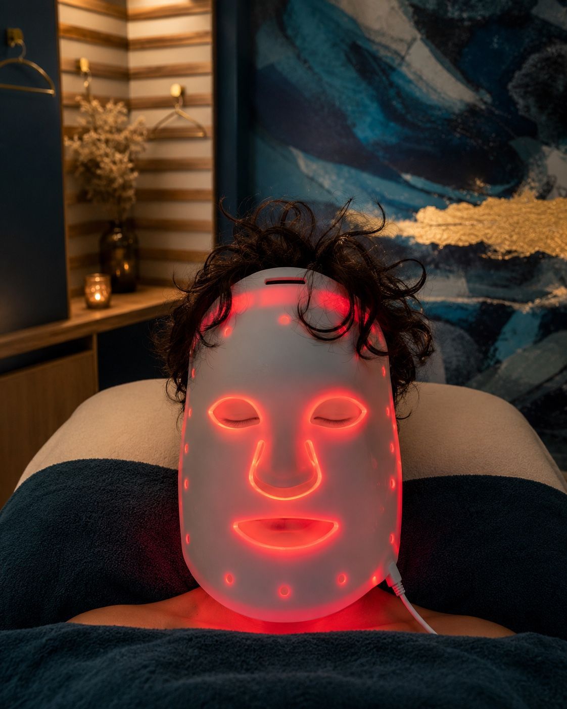 Un homme reçoit un traitement léger sur son visage.