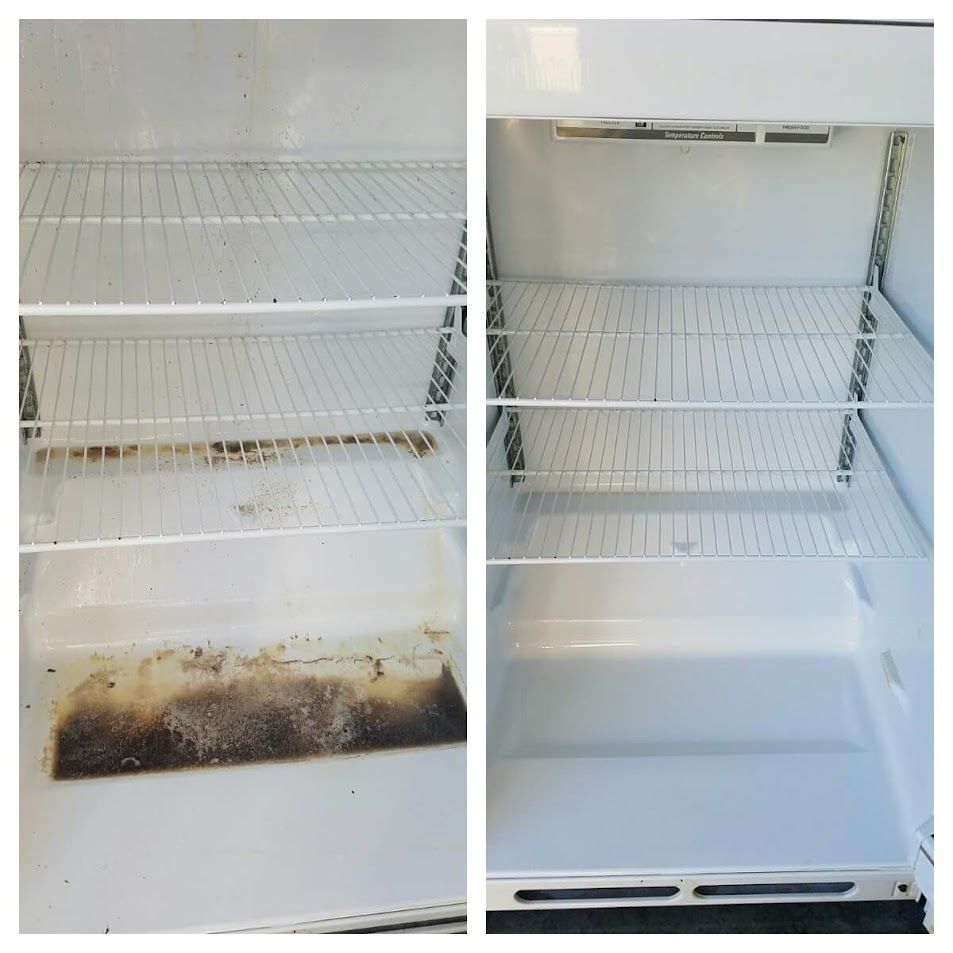 Dirty refrigerator shelf with black mold and grime on the bottom before cleaning, next to a cleaned white interior