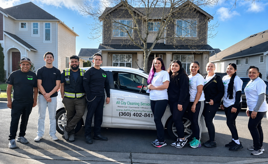 Group of people posing in front of a white car and house on a sunny street.