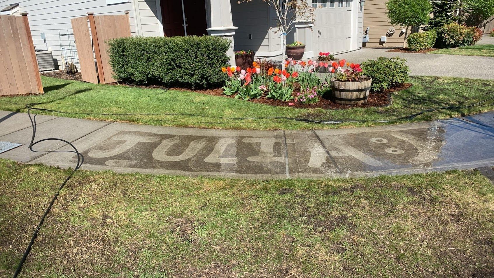 Curved sidewalk with painted “U” letters beside a flower bed in a sunny residential front yard