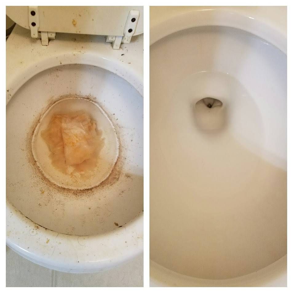 Dirty toilet before and after cleaning, showing brown stains removed to a white bowl