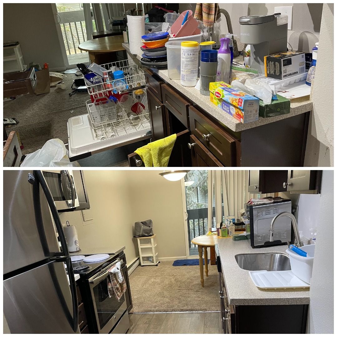 Cluttered kitchen with dishes, cleaning supplies, and a sink in a narrow apartment space.