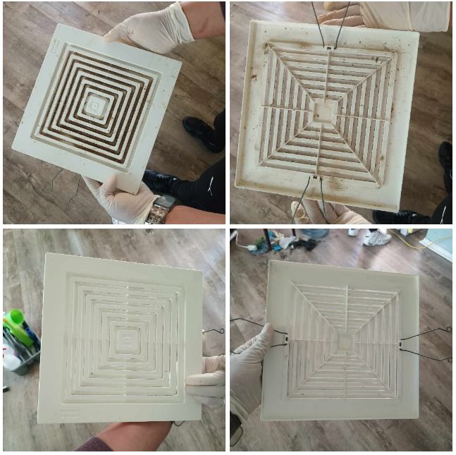 Four photos of square woven mats with concentric patterns on a light floor, held by hands.
