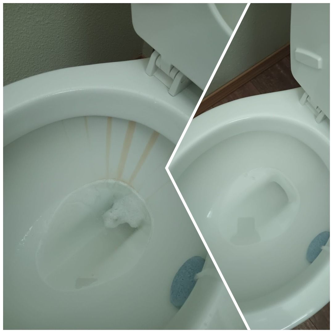 Toilet bowl with stains and an inset close-up view of the inside.