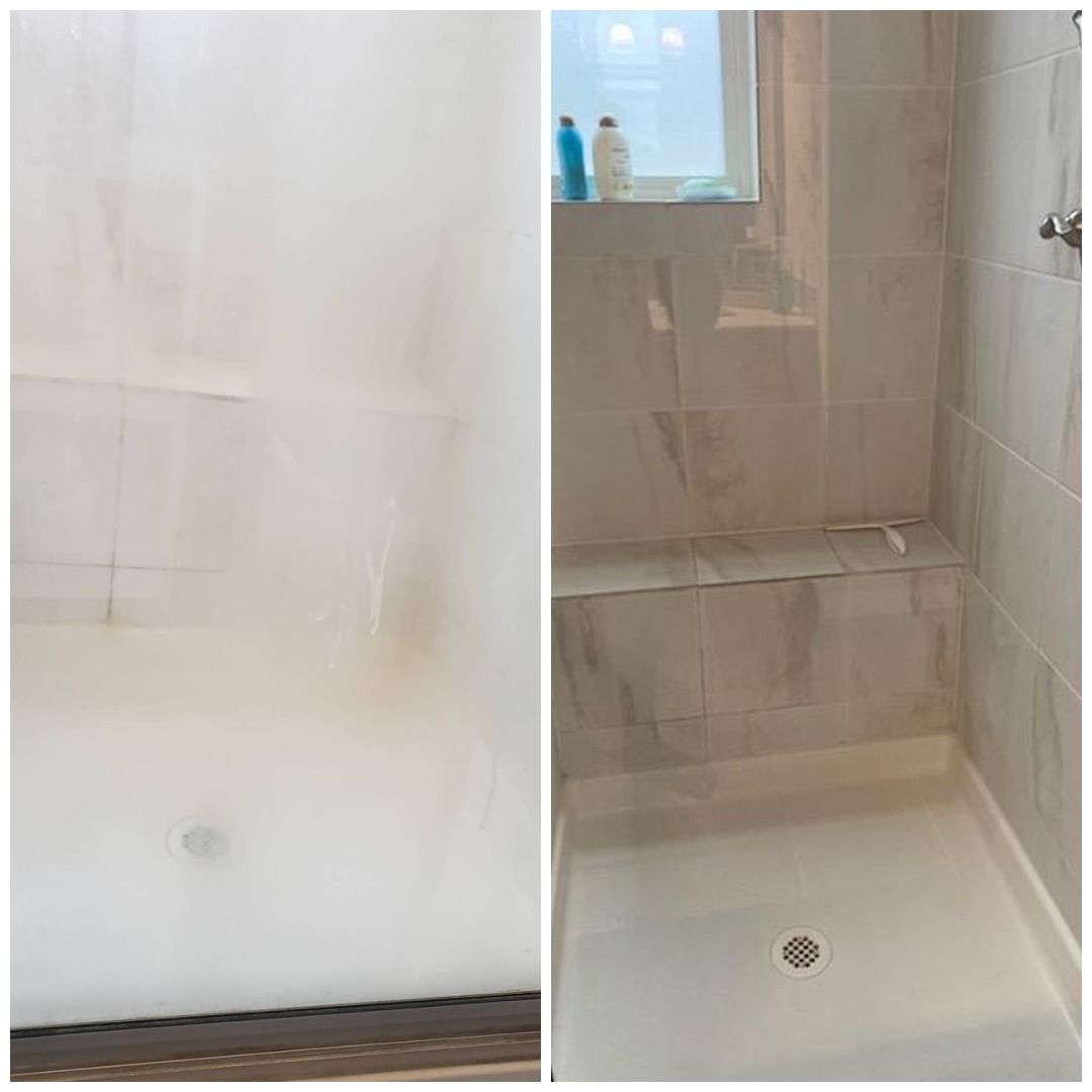 Two views of a white tiled shower stall with a drain and bench, one showing a plain shower wall.