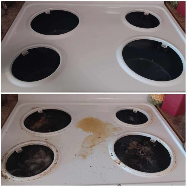 Top and bottom views of a white cooktop with four burners; bottom shows heavy burnt stains and spills.