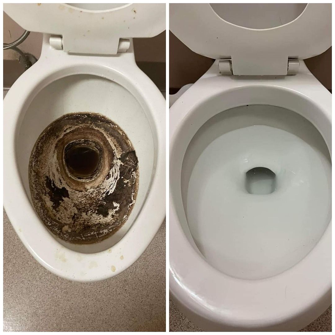 Before-and-after toilet bowl: left heavily stained and rusty, right clean and white.