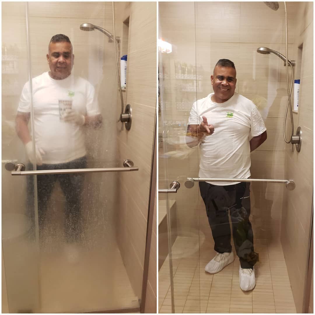 Man in a shower before-and-after collage, standing behind fogged glass then smiling in the open shower area.