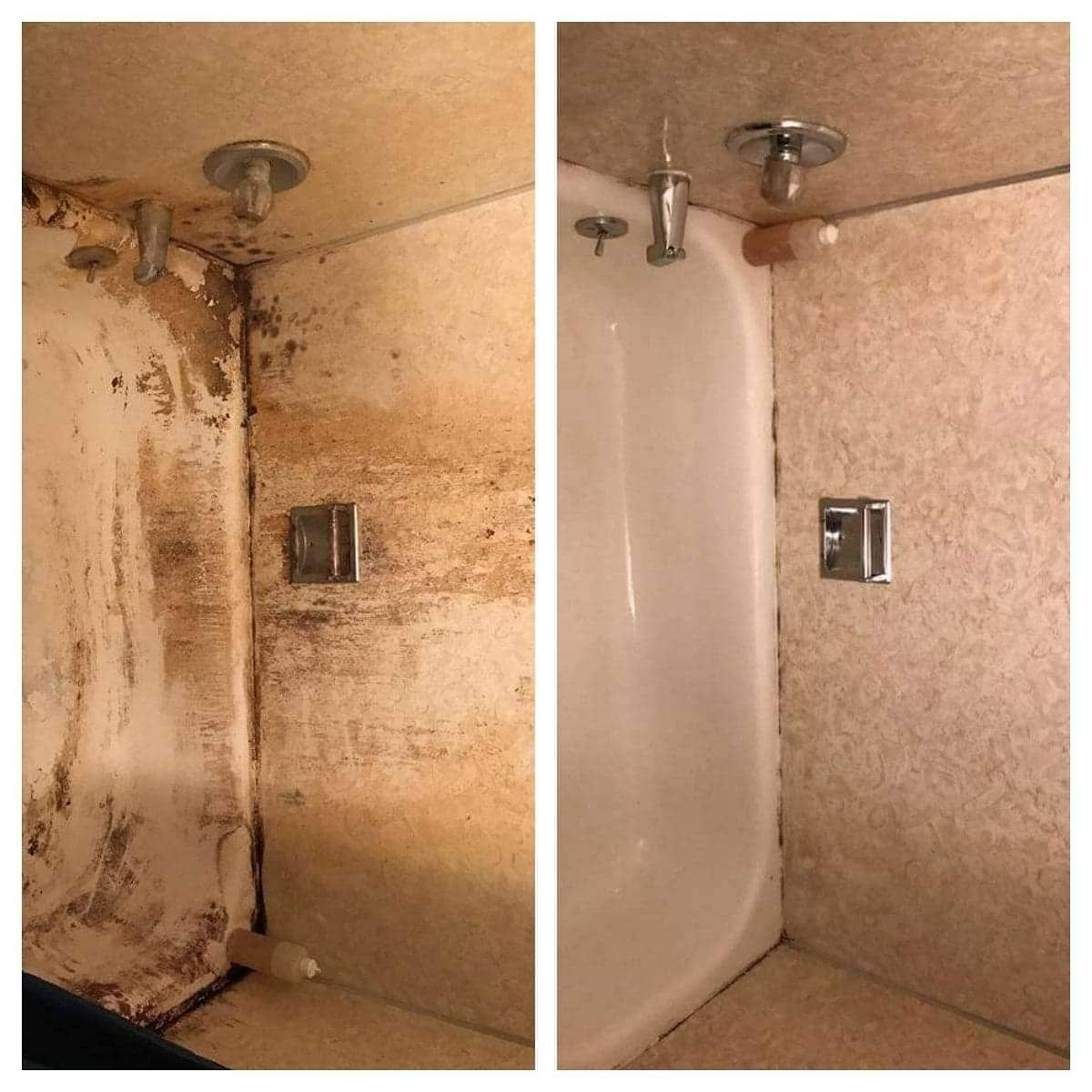 Bathroom shower before-and-after: moldy, stained stall beside a clean, repaired tub and wall.