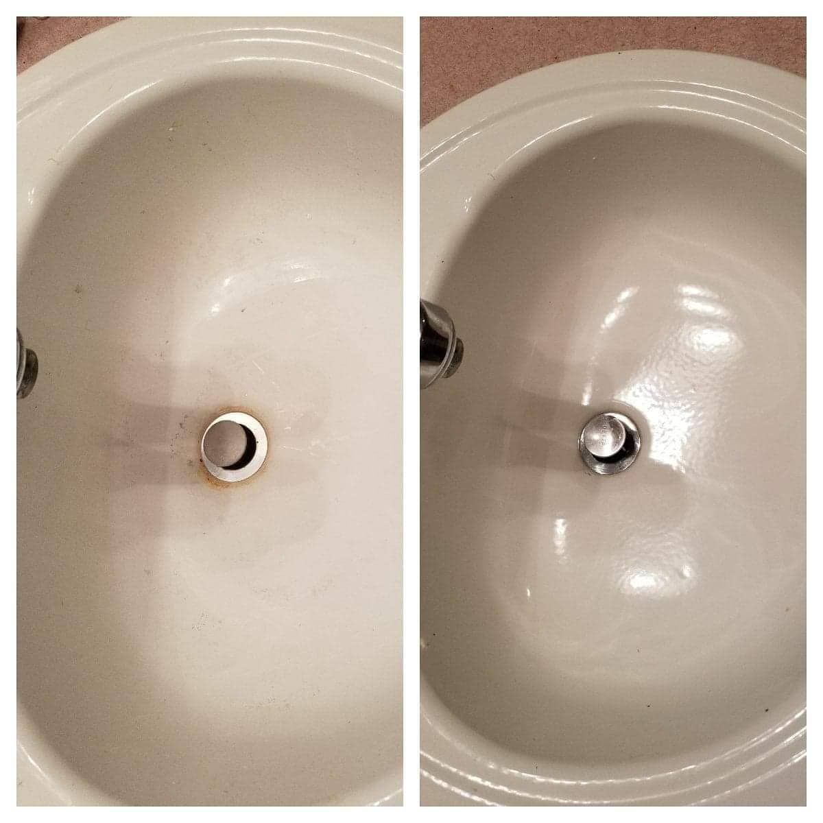 Side-by-side bathroom sink drains: left stained, right clean and shiny.