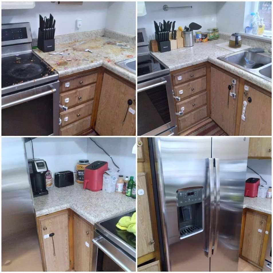Kitchen corner countertop before-and-after cleanup beside stove, sink, and stainless refrigerator.
