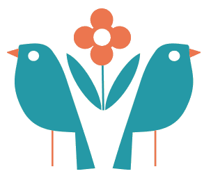 Two blue birds with a flower between them