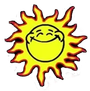 Smiling yellow sun with orange flames and a simple face on a white background