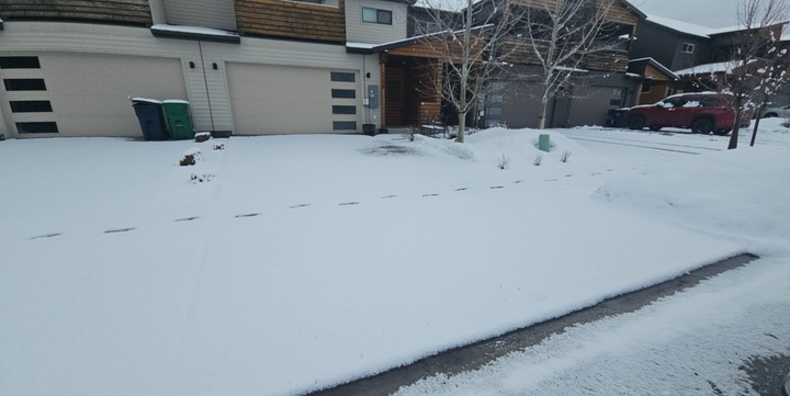 A snow-covered suburban street and yard in front of houses with garages on a winter day.