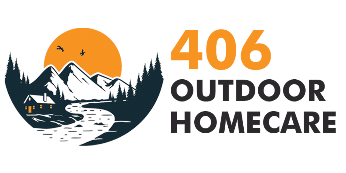 Logo for 406 Outdoor Homecare featuring a cabin by a river with mountains and a sunset, alongside the company name.