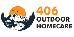 Logo for 406 Outdoor Homecare featuring a cabin by a river with mountains and a sunset, alongside the company name.