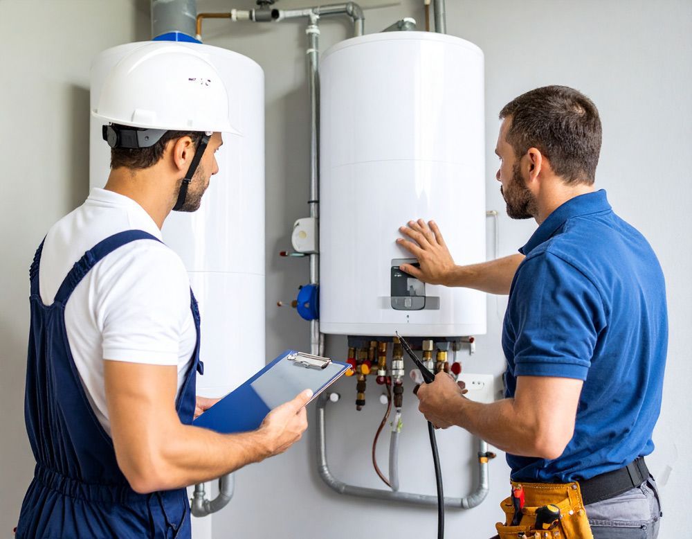 Two men inspecting a water heater; one wears a hard hat and overalls, the other points with a tool.