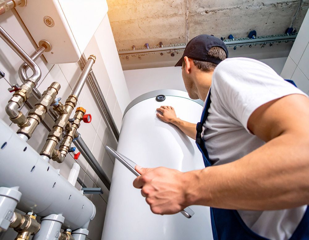 A plumber inspecting a water heater, in a utility room.