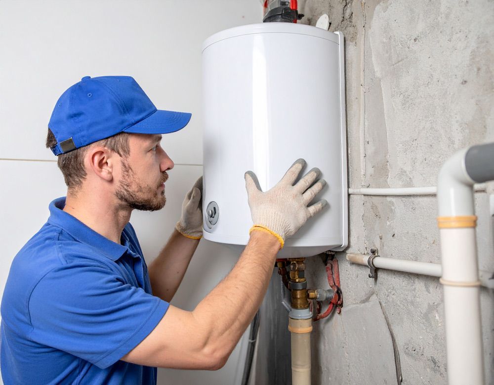A person repairing a white water heater on a concrete wall in Nampa, ID