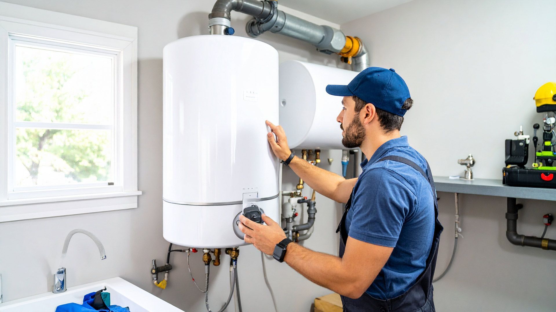 Man in blue uniform inspecting a white water heater in a utility room with a window.