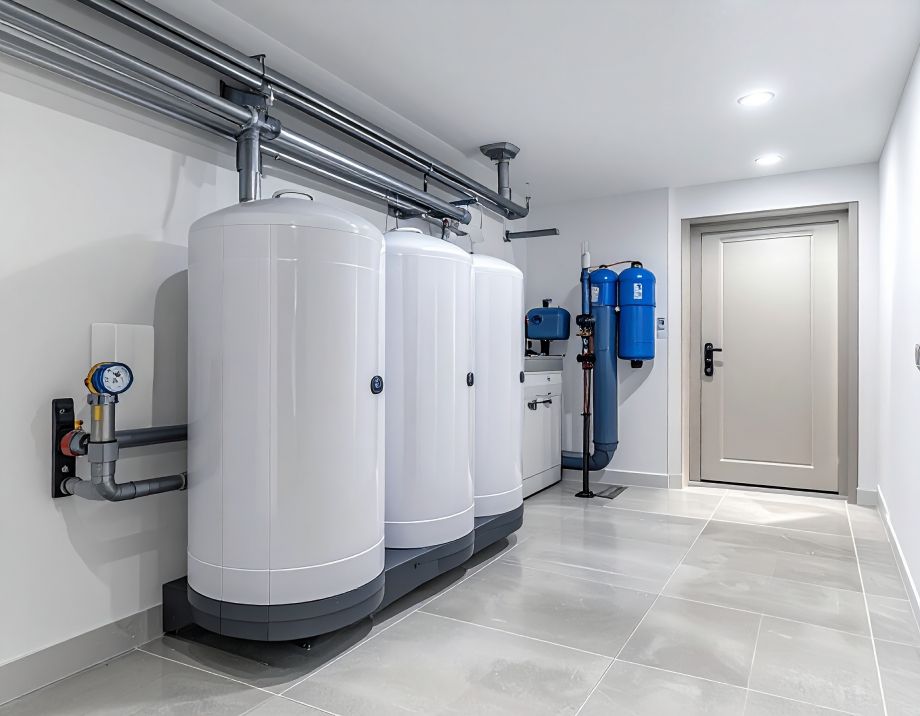 Three white water tanks in a utility room with pipes, a blue filter, and a closed door.