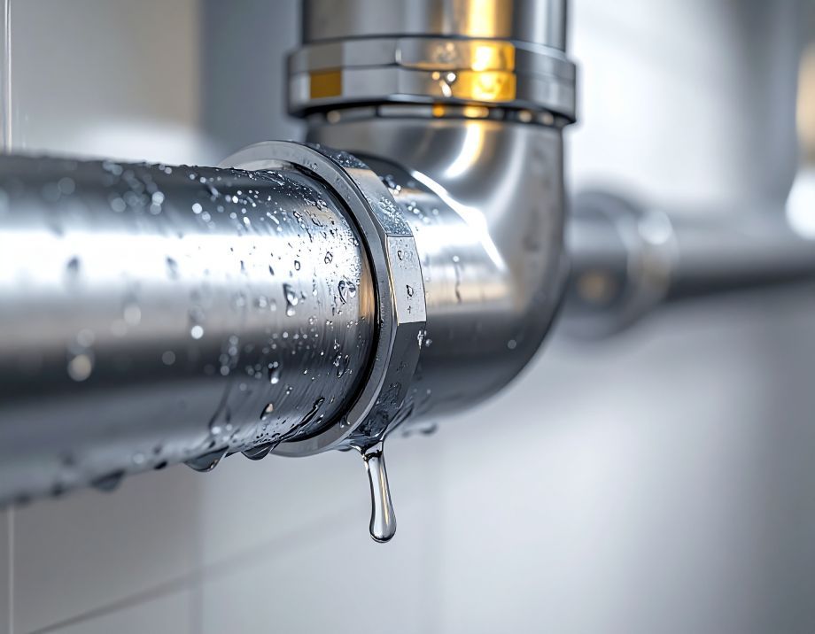 Leaking chrome pipe with water droplets, in a tiled setting.