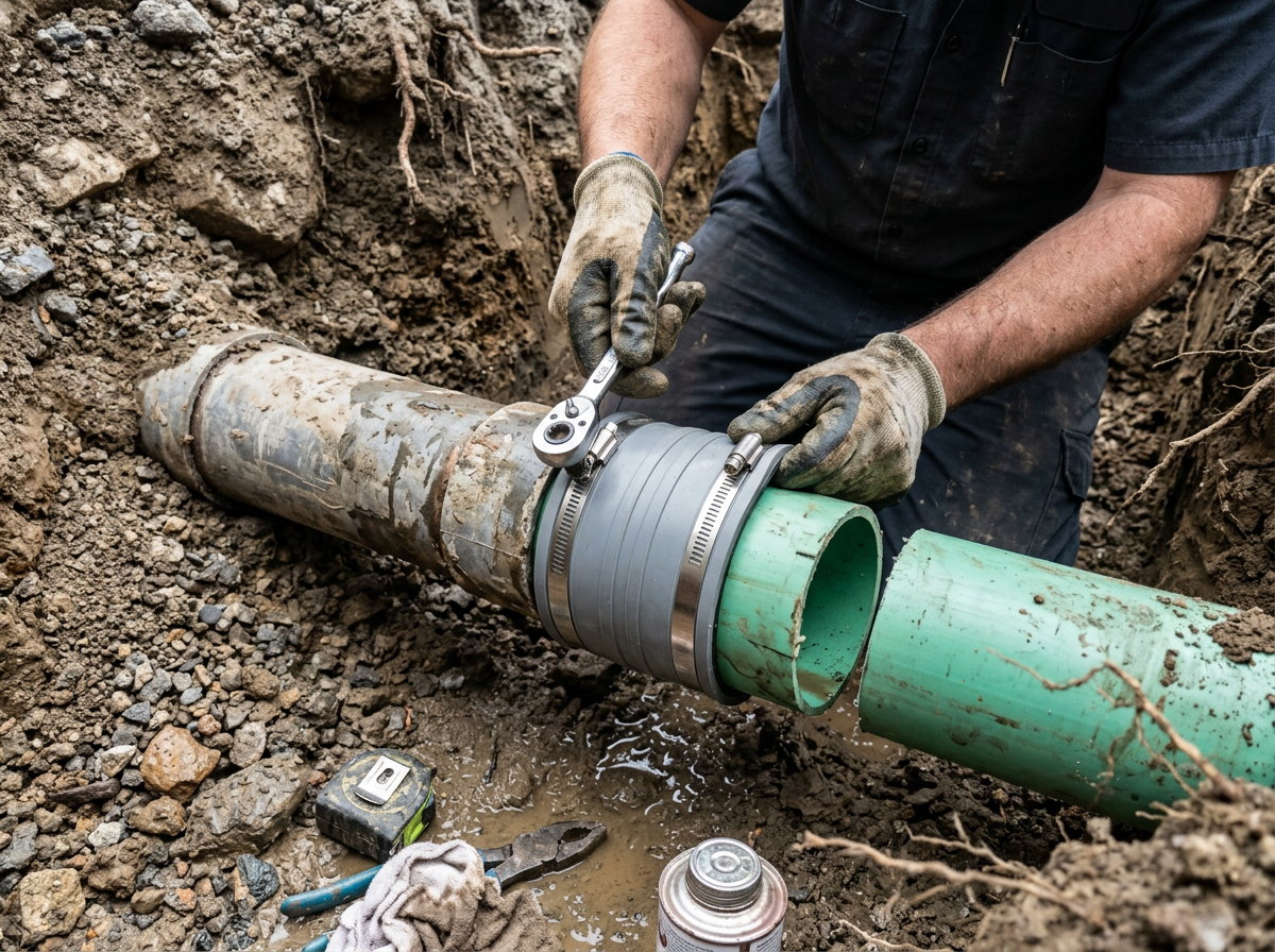 Worker repairs a green underground pipe connection in a dirt trench with tools