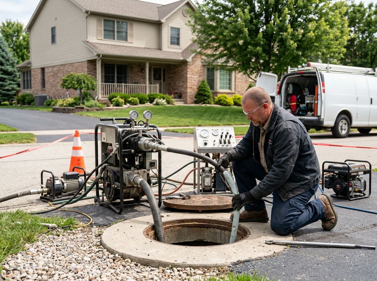 Worker operating sewer equipment beside open manhole in a suburban street