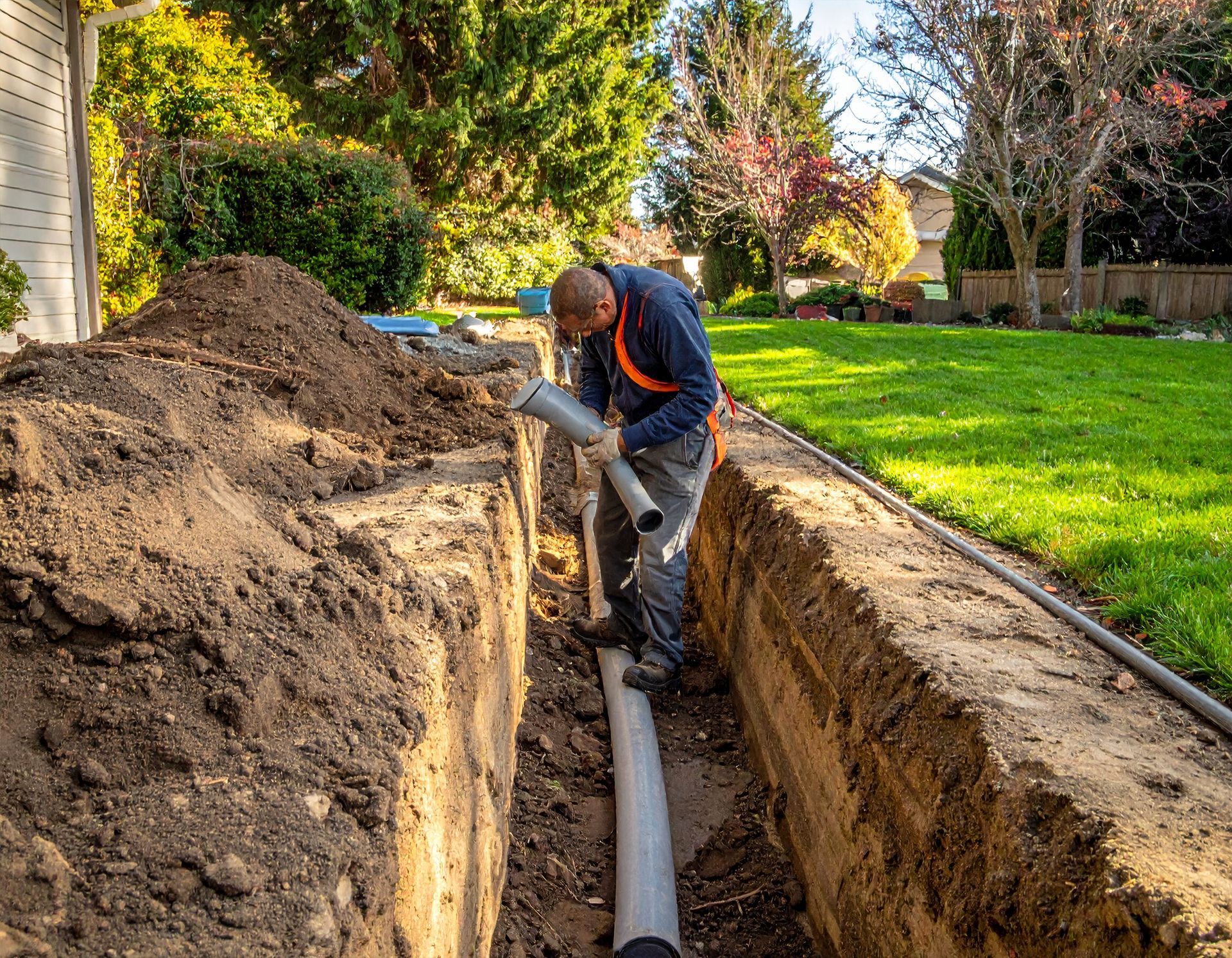 Worker digging a trench beside a house, installing a gray pipe in a yard