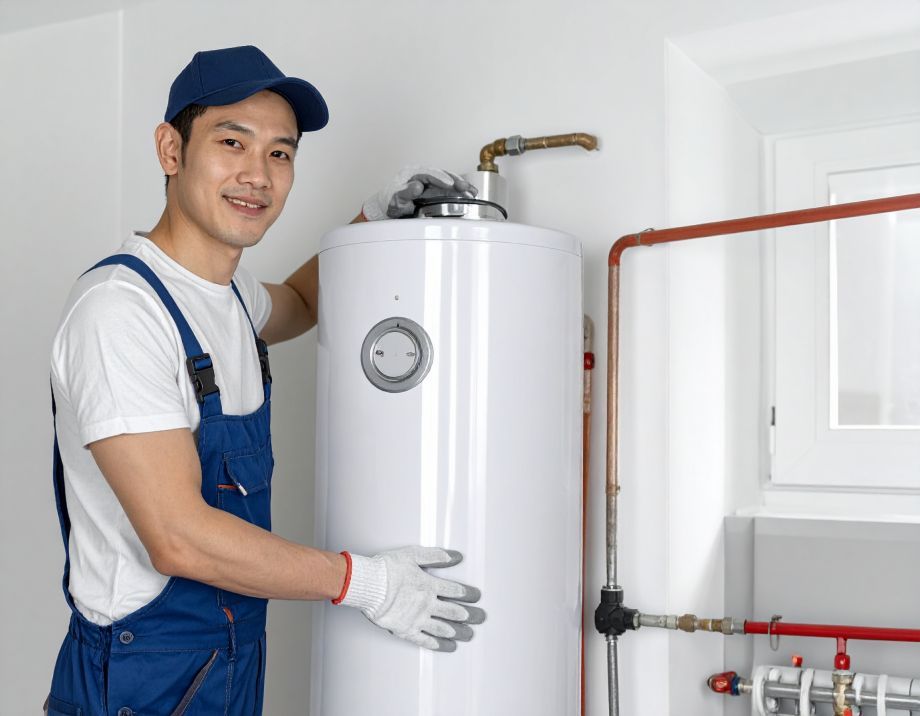 Plumber in blue overalls and cap beside a white water heater, smiles in a utility room.