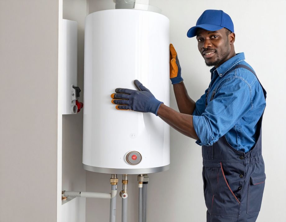 Plumber in blue uniform, touching white water heater, smiling.