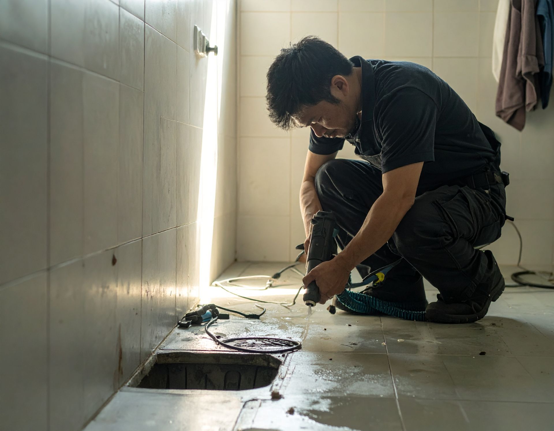 Technician crouches on a tiled floor, repairing wiring beside an open floor drain.