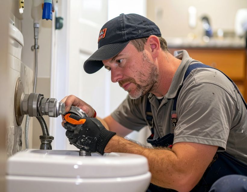 Plumber tightening a sink pipe with a wrench in a bathroom sink area