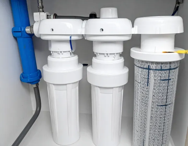 Water filtration system with three white canisters and a blue filter.