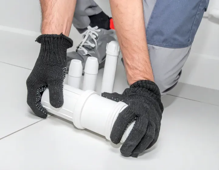 Person kneeling, assembling white plumbing pipes on a white tiled floor; wearing work gloves.