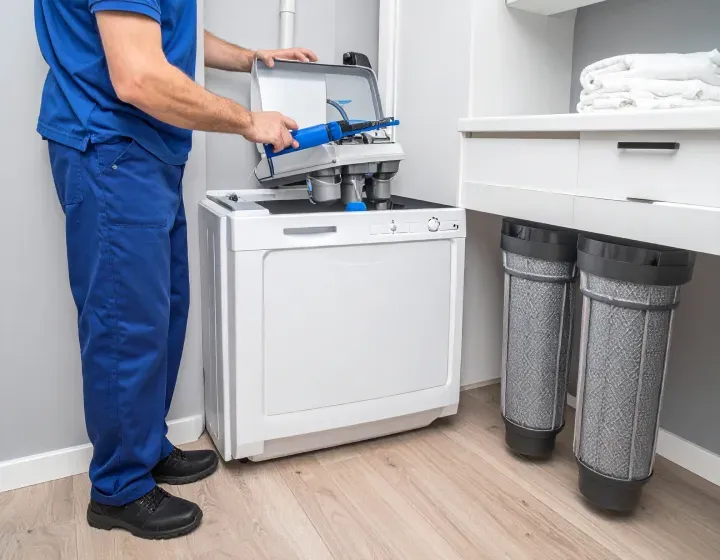 A person in blue overalls installing a water filtration system in a utility room.