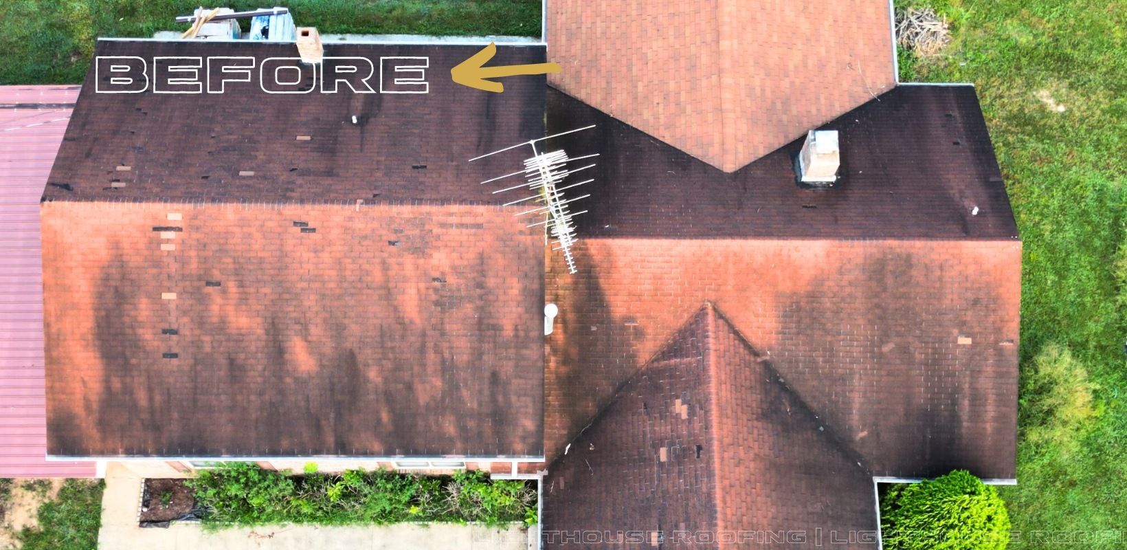 An aerial view of a house with the word before on the roof