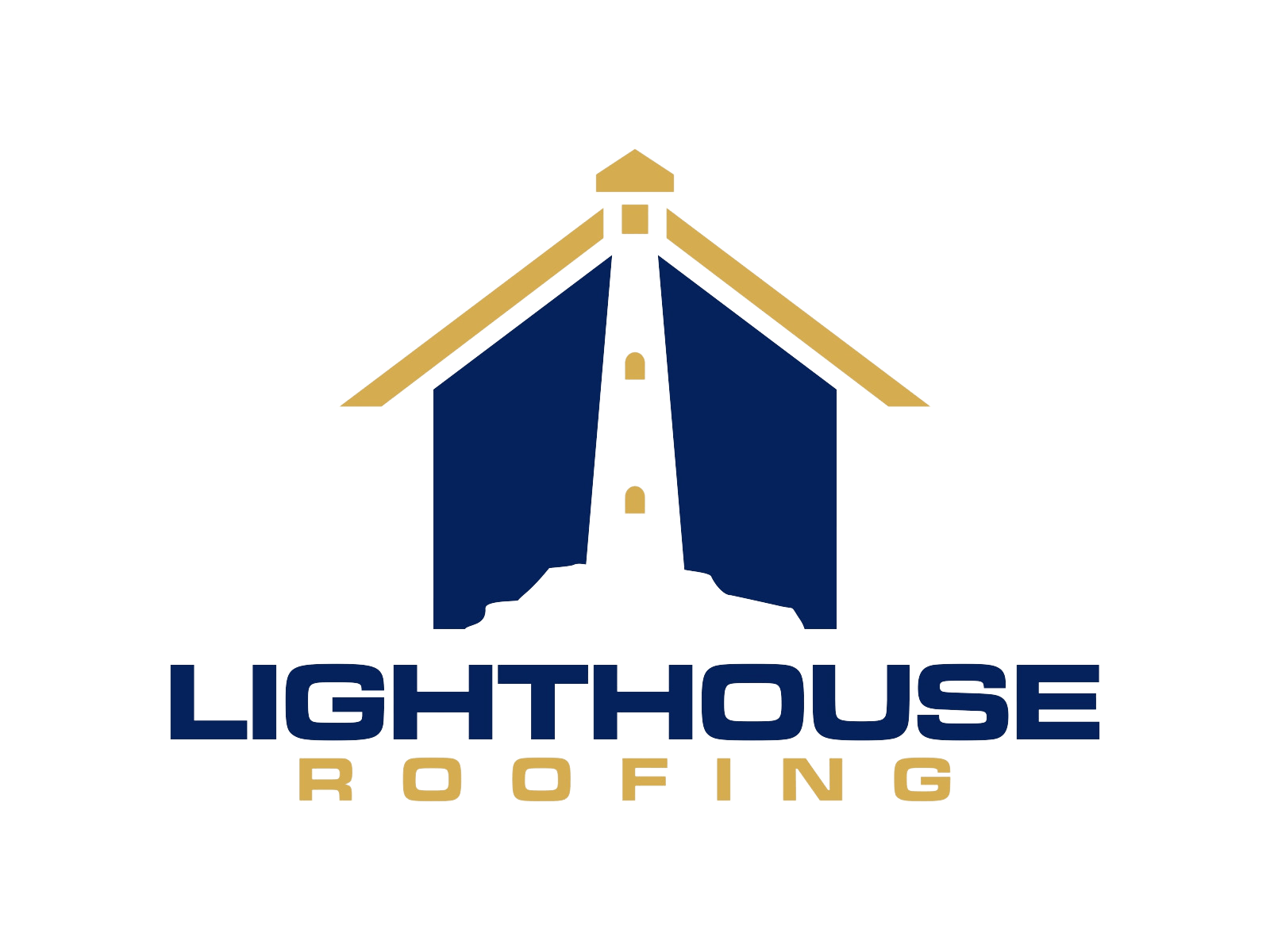 The logo for lighthouse roofing shows a lighthouse on top of a house.