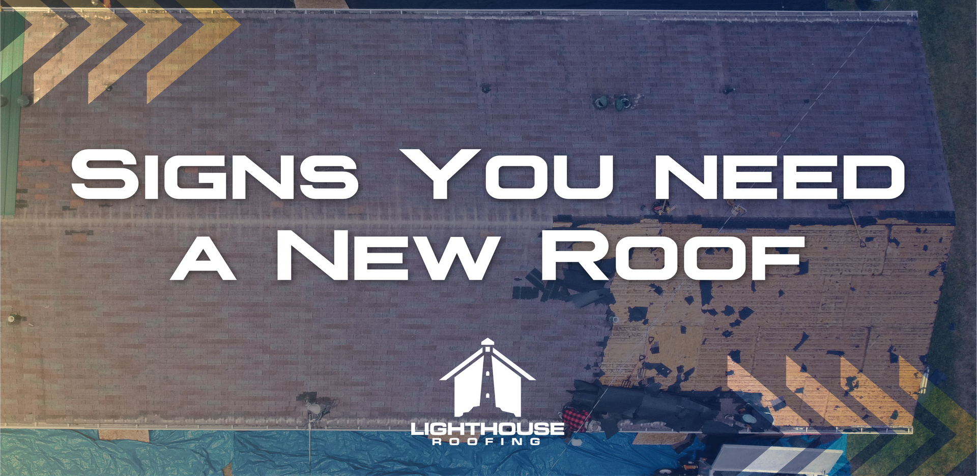 An aerial view of a building with the words `` signs you need a new roof ''