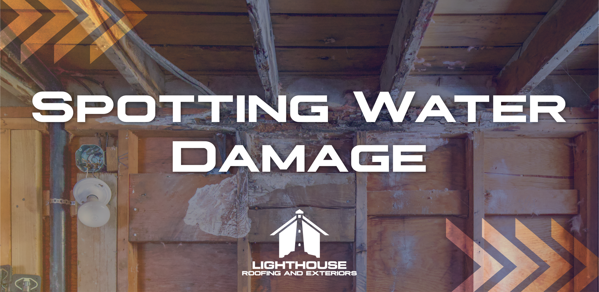 A picture of a house with the words `` spotting water damage '' written on it.