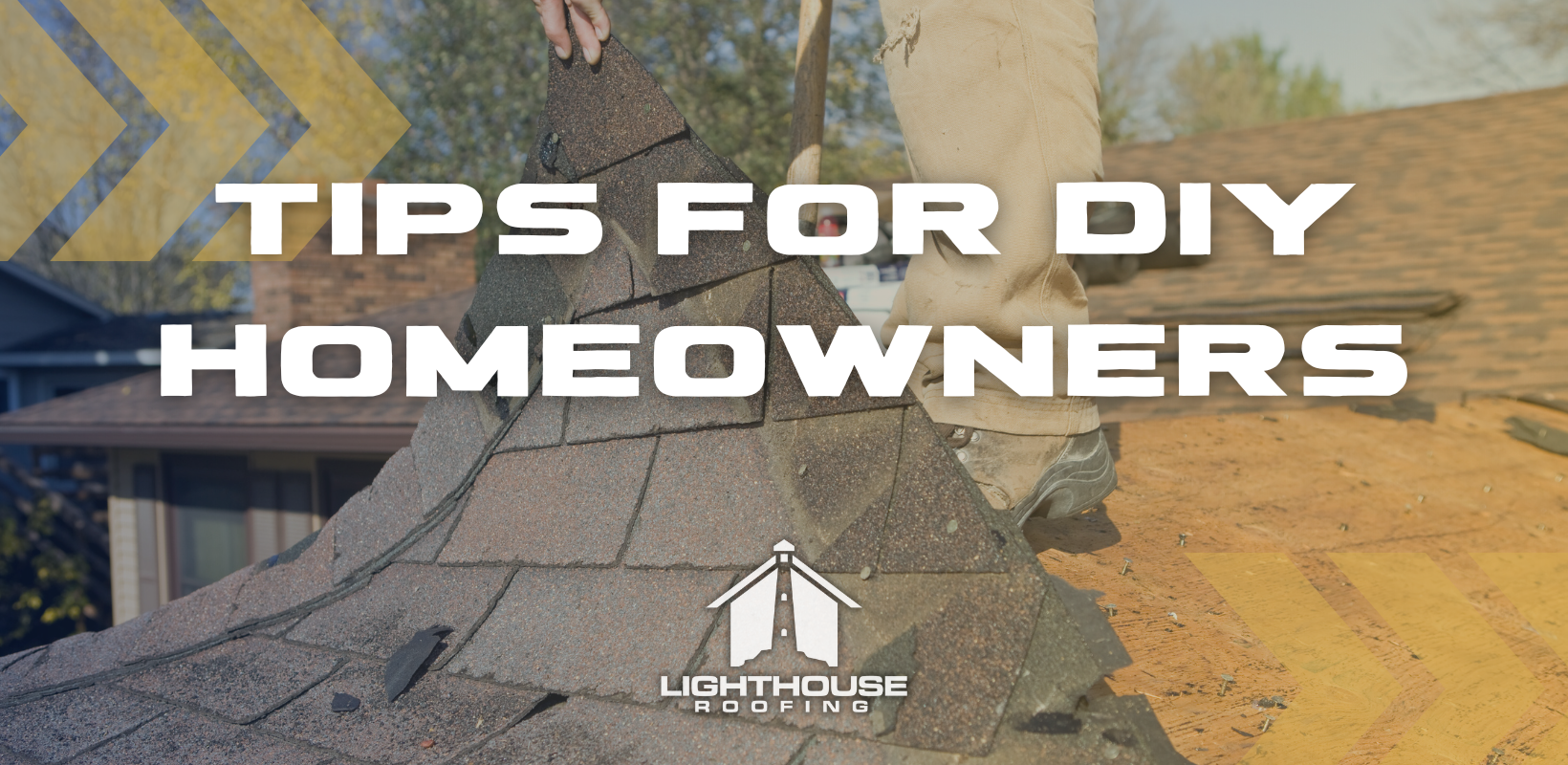 A person is standing on top of a pile of shingles on a roof.