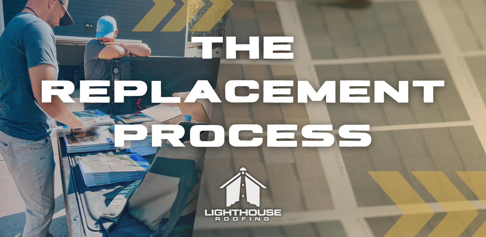 A man is standing in front of a table with the words `` the replacement process '' written on it.