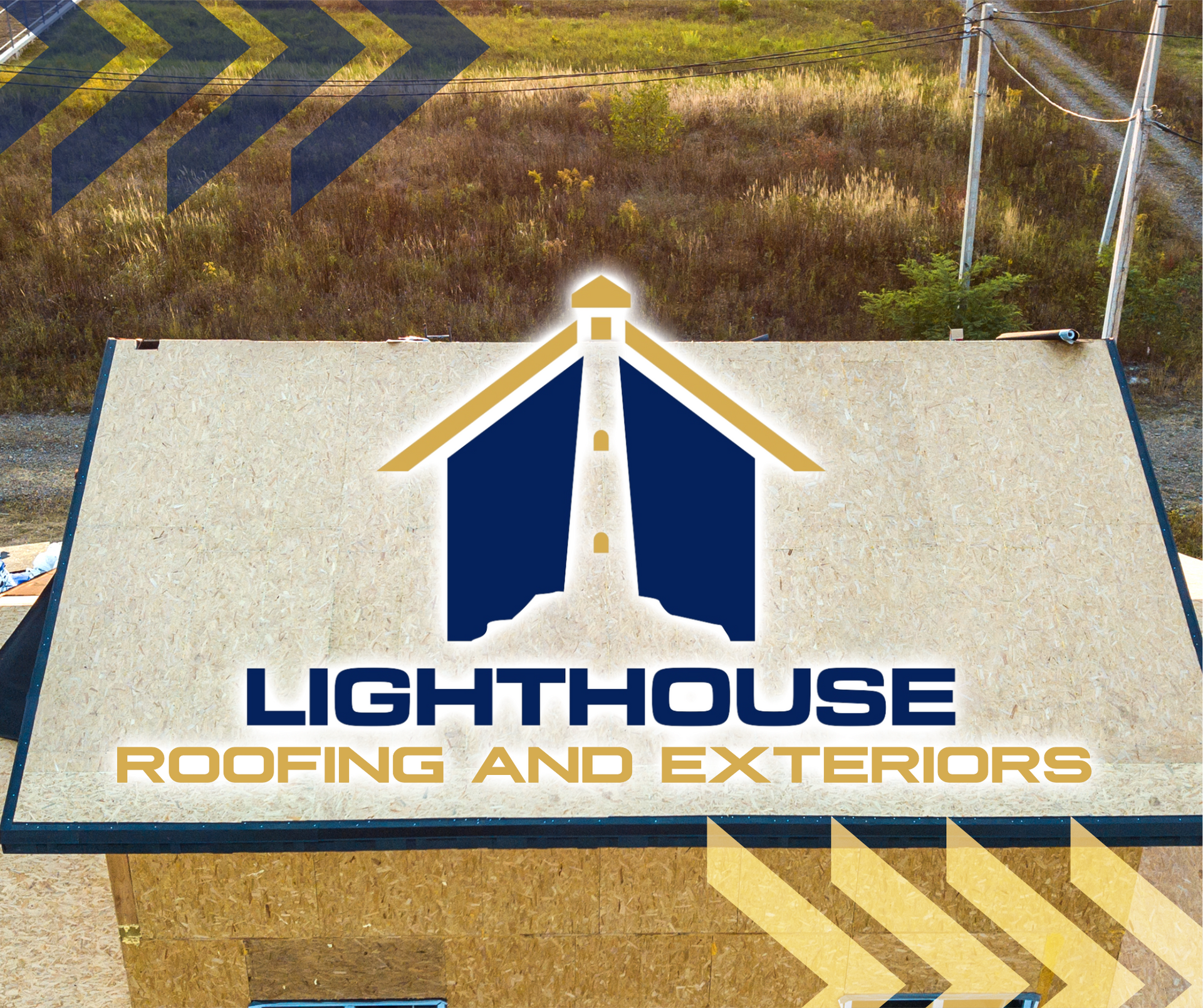 A logo for lighthouse roofing and exteriors is on a roof