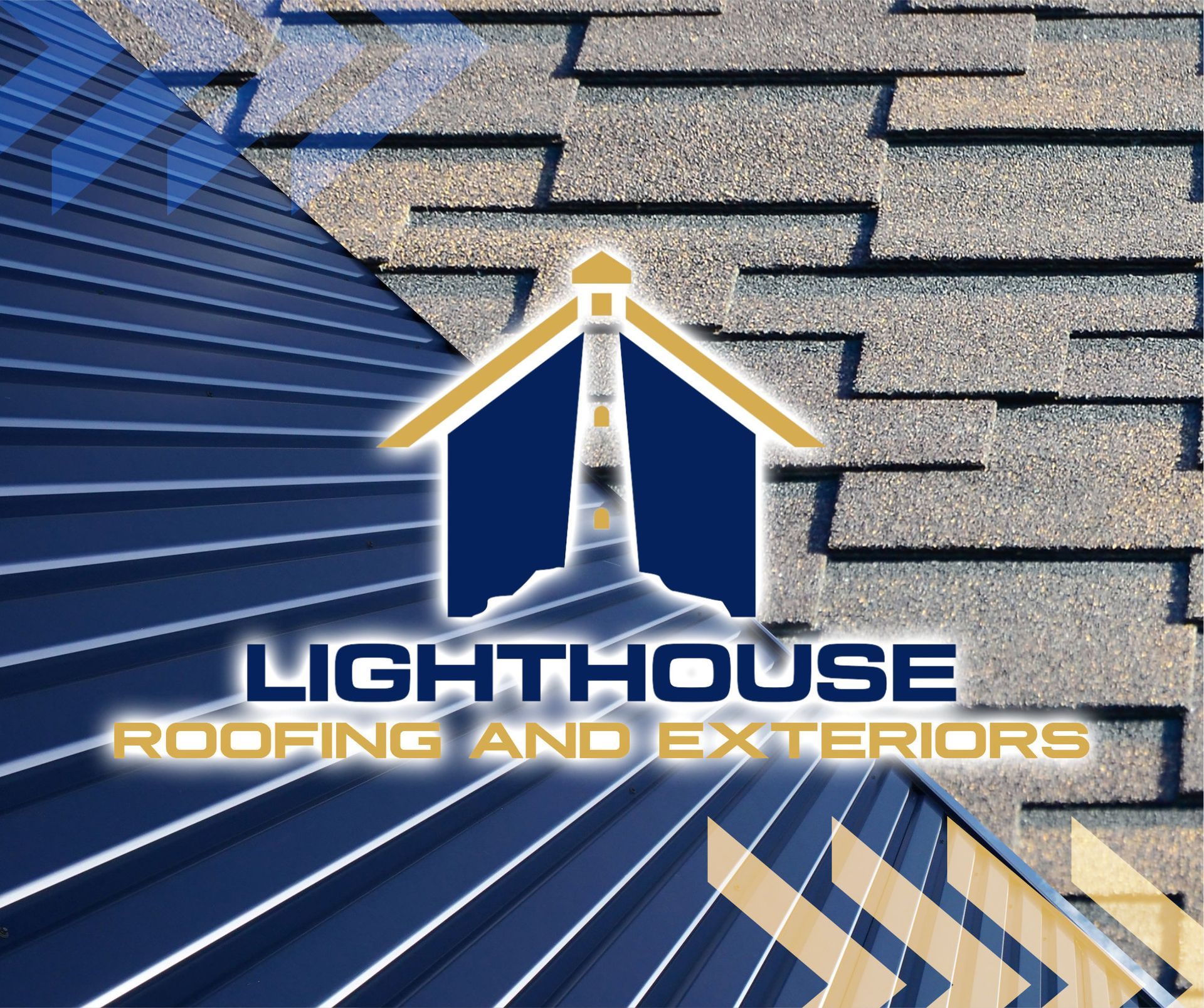 A logo for lighthouse roofing and exteriors with a picture of a roof