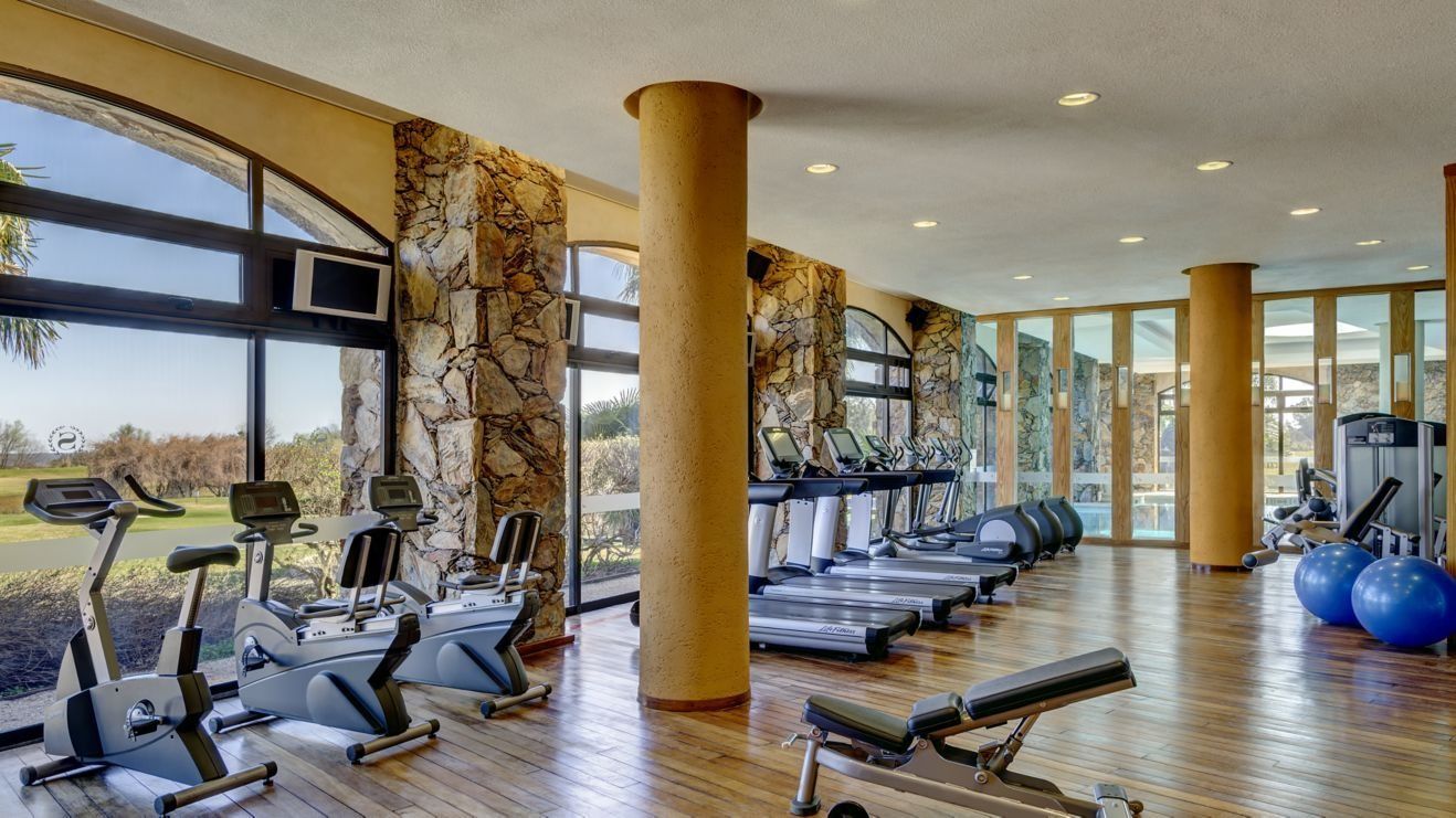Gimnasio luminoso con cintas de correr, bicicletas estáticas, bancos de pesas y grandes ventanales.