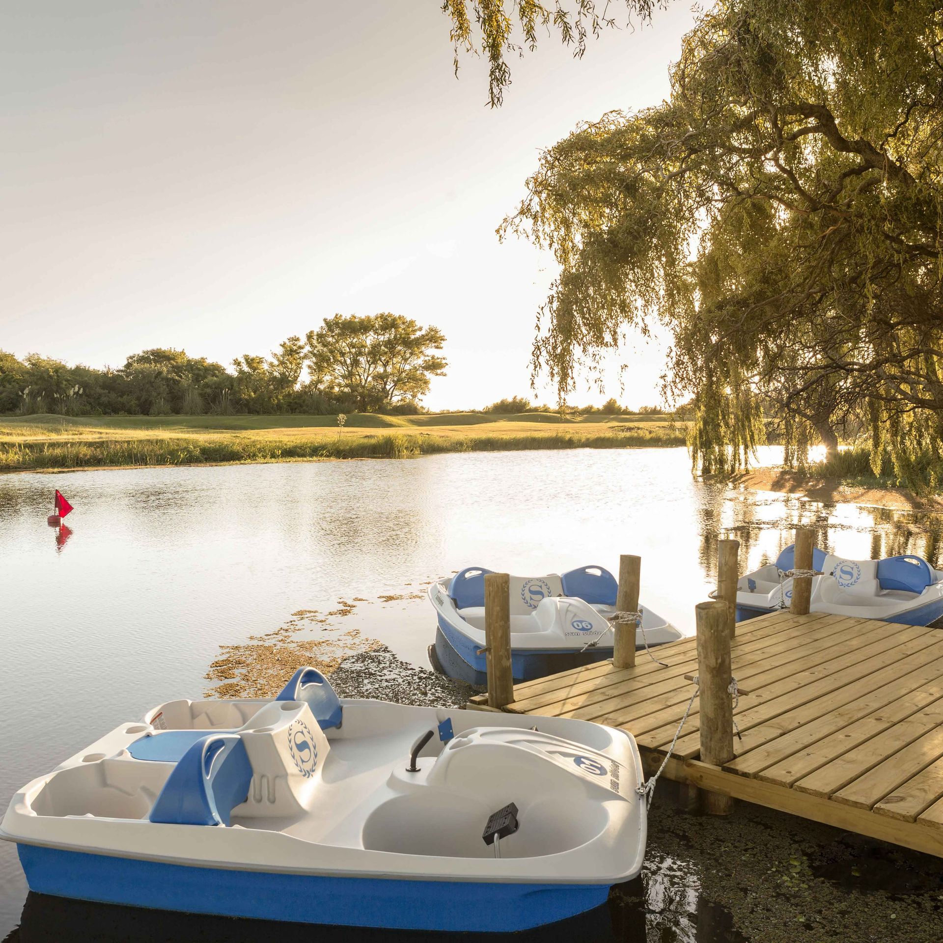 Botes a pedales amarrados a un muelle de madera en un lago tranquilo al atardecer.