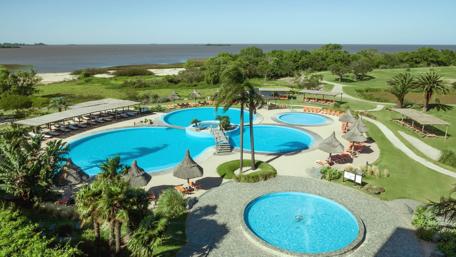 Piscina del complejo con agua turquesa, palmeras y tumbonas junto al mar.