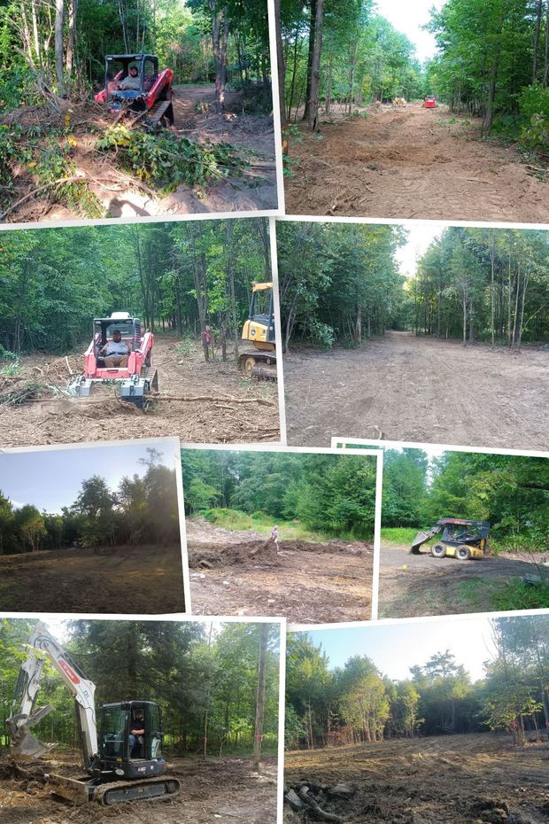 Collage of a red skid steer clearing brush and trees in a wooded lot, with exposed dirt and debris
