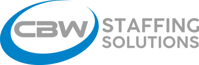 CBW Staffing Solutions logo in gray and blue with a swoosh design