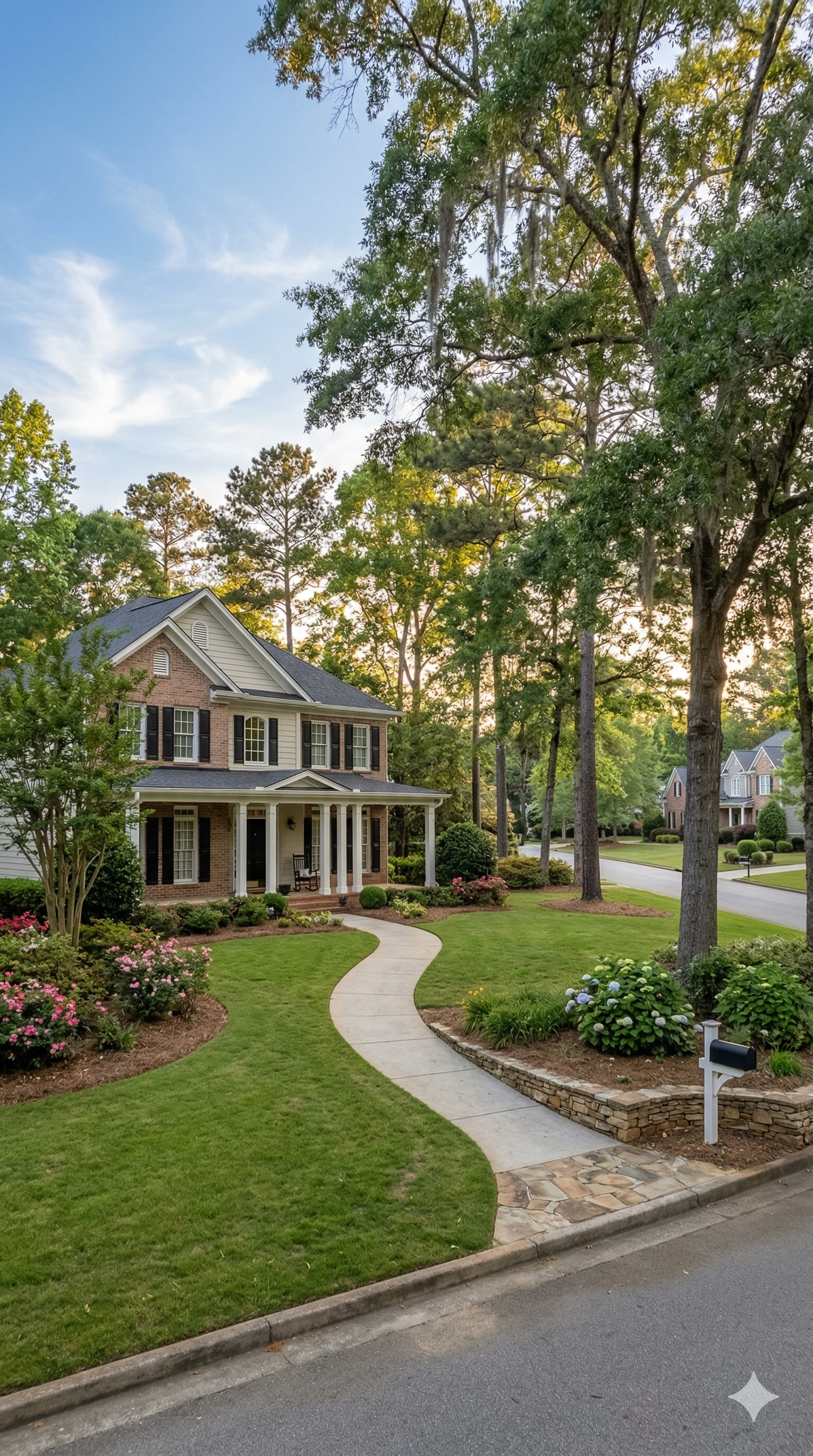 Brick house with white columns, winding stone walkway, and landscaped yard at dusk